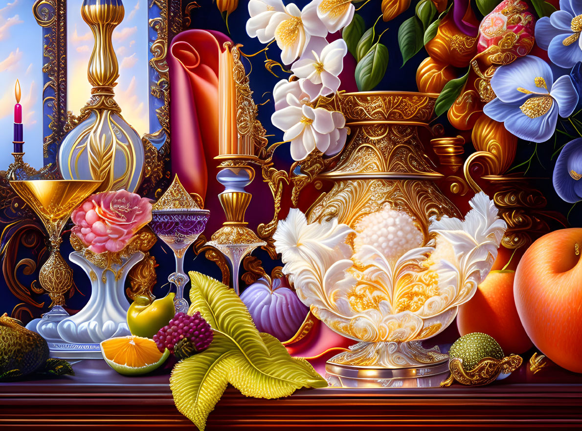 Luxurious Still Life with Gold Vessels, Flowers, Fruit, and Candle