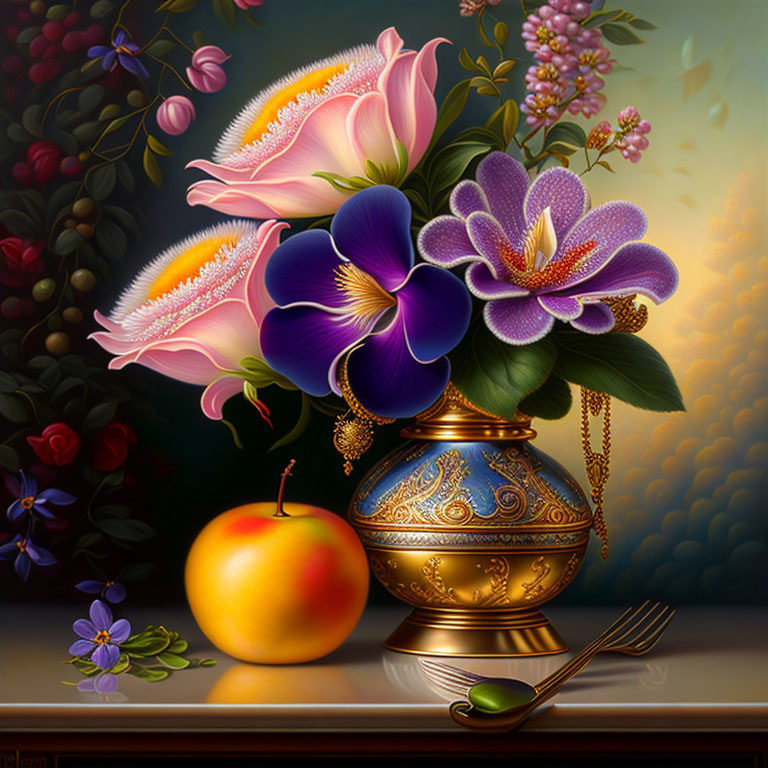 Colorful Still Life Painting with Golden Vase, Flowers, Apple, and Fork