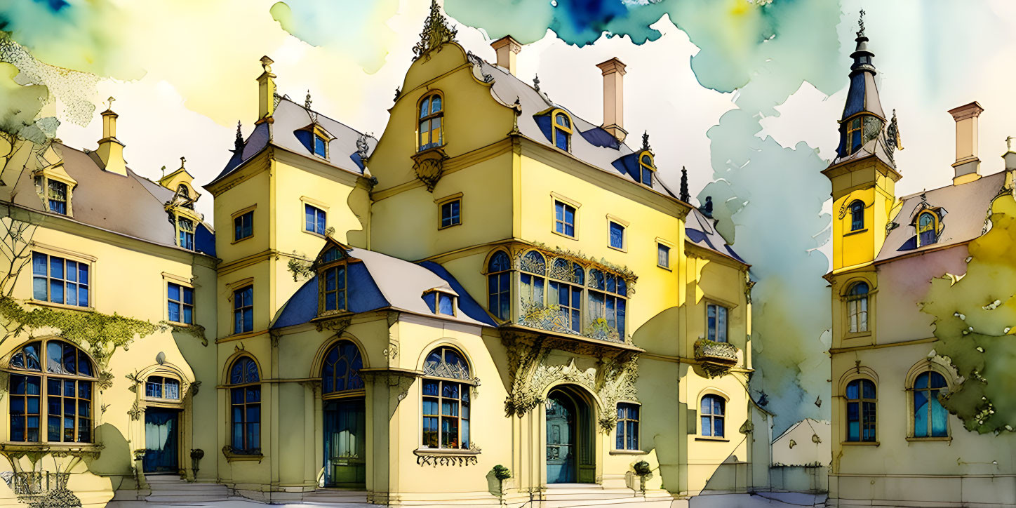 Grand Yellow Mansion Illustration with Ornate Details and Abstract Watercolor Surroundings