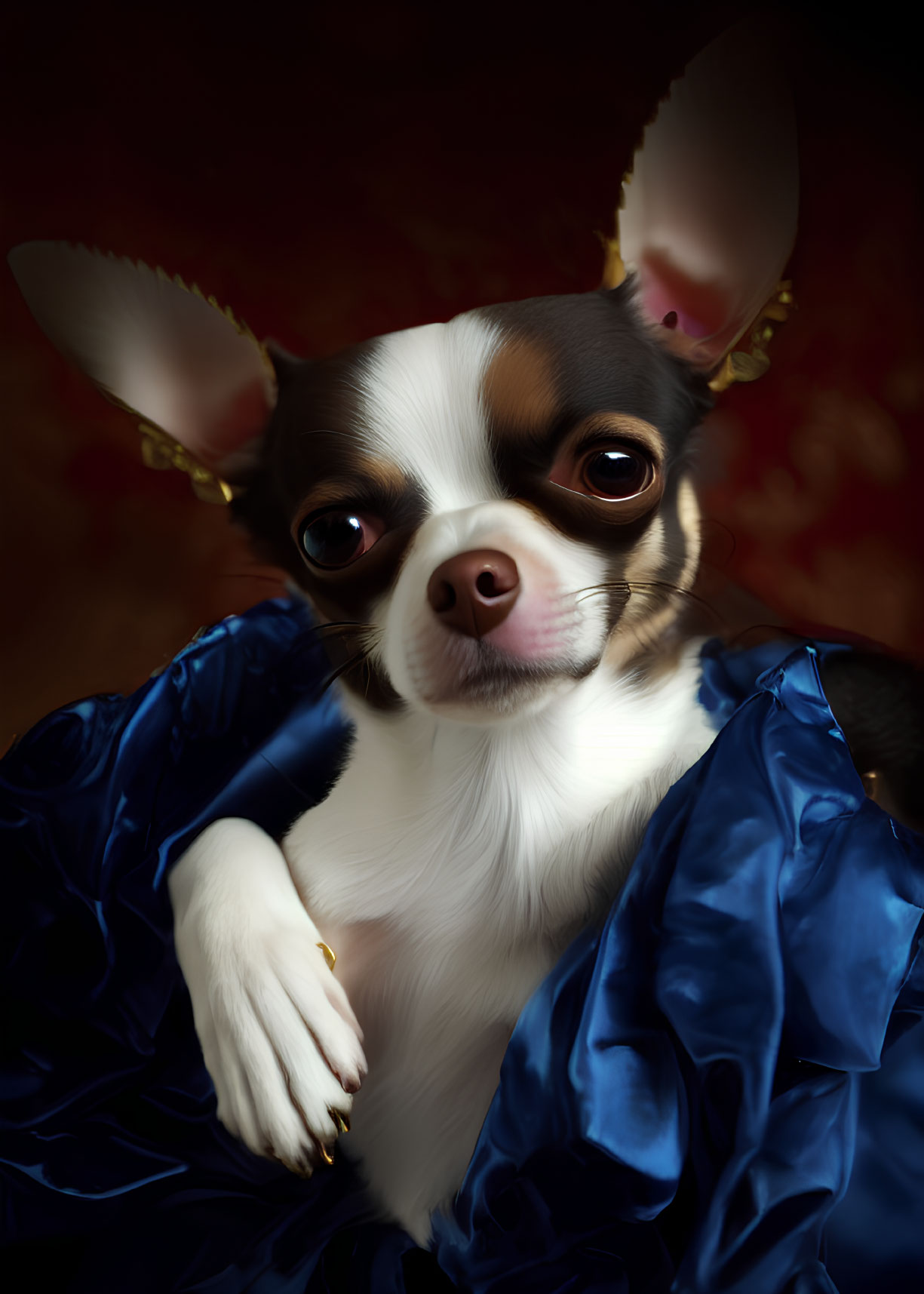 Chihuahua in royal blue gown on dark red background