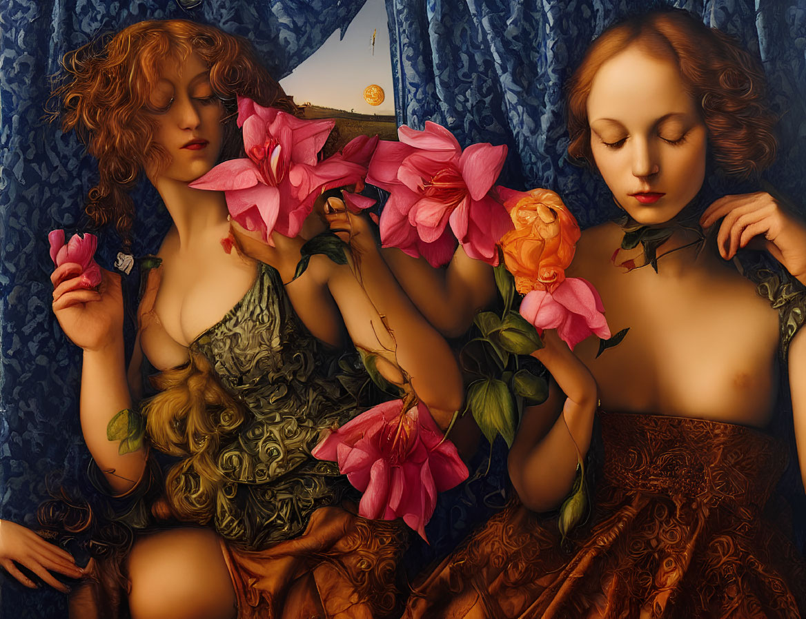 Two Women with Flowing Hair and Vibrant Flowers in Surreal Setting