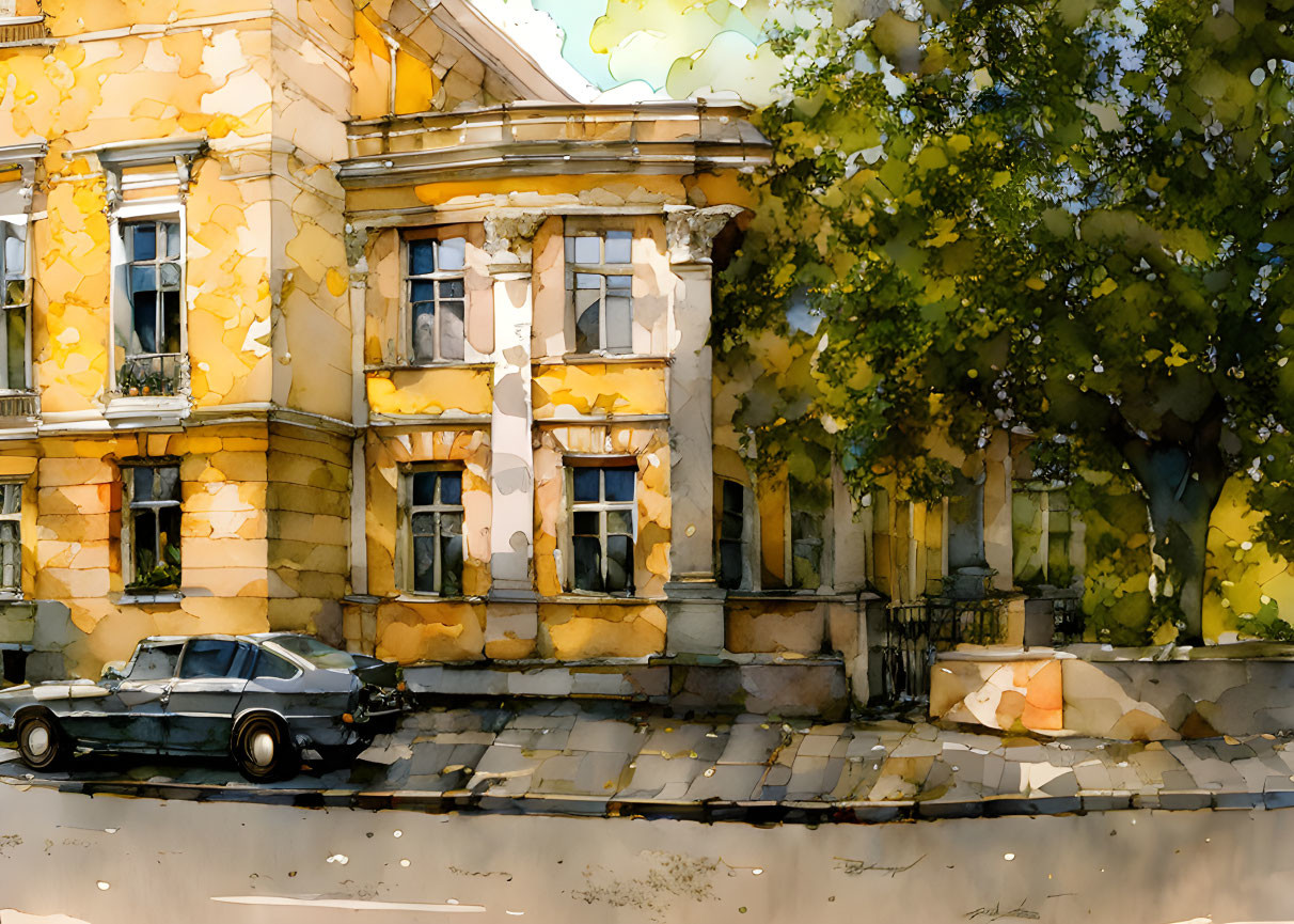 Vintage car parked by yellow historical building with large windows and green trees in sunlit scene.