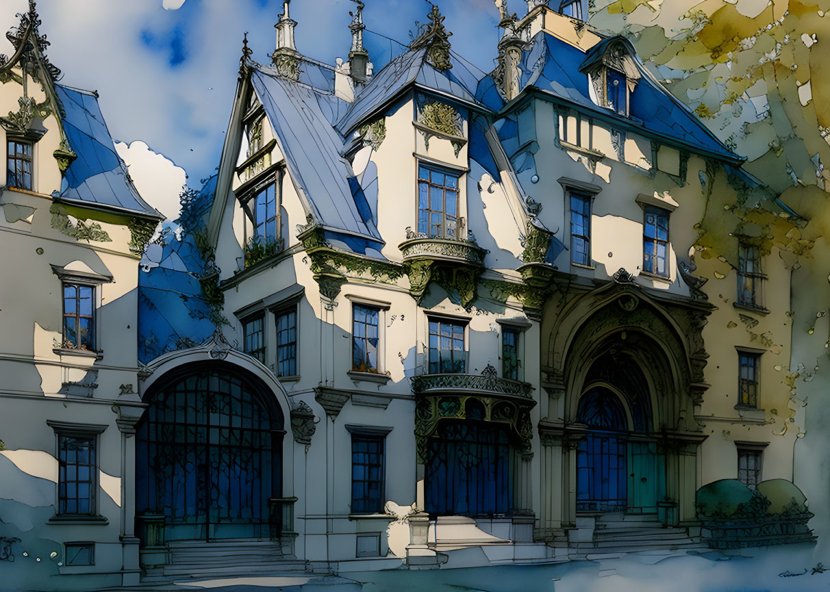 Historic mansion illustration with intricate architecture and scenic backdrop