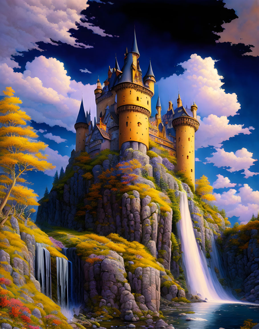 Majestic castle on rocky cliffs with waterfalls and autumn trees under dramatic sky