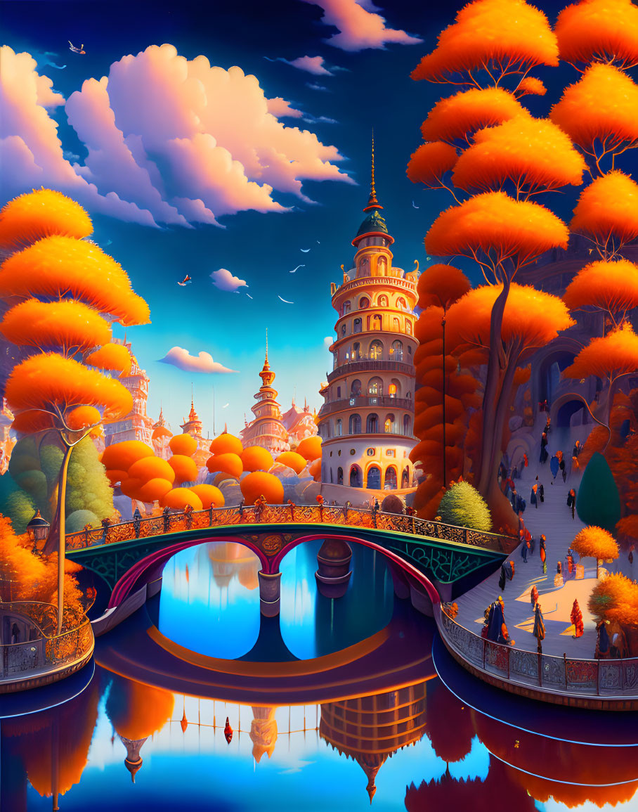 Vibrant fantasy tower scene with bridge, river, and people in a dusky setting