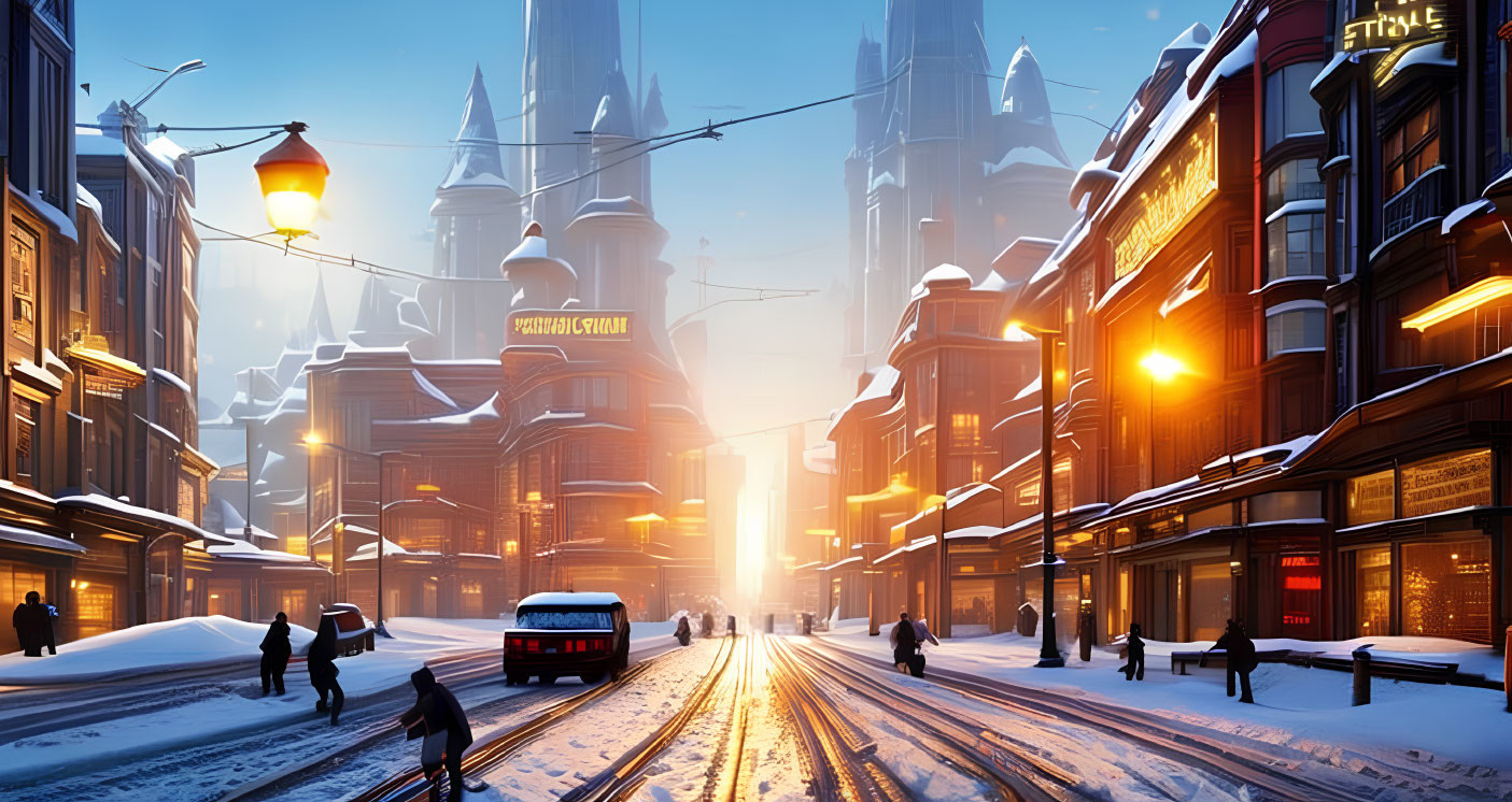 Snow-covered winter cityscape at dusk with illuminated buildings and tram.