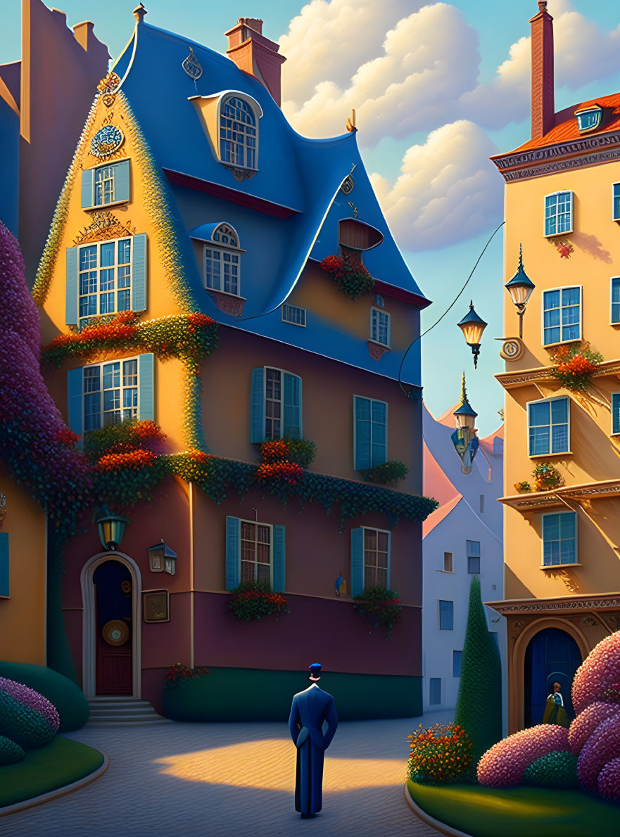 Colorful illustration of a man in a suit on whimsical street