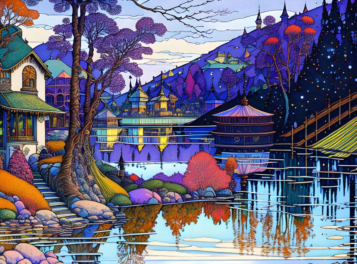 Colorful Stylized Landscape with Lake, Foliage, Buildings, and Night Sky