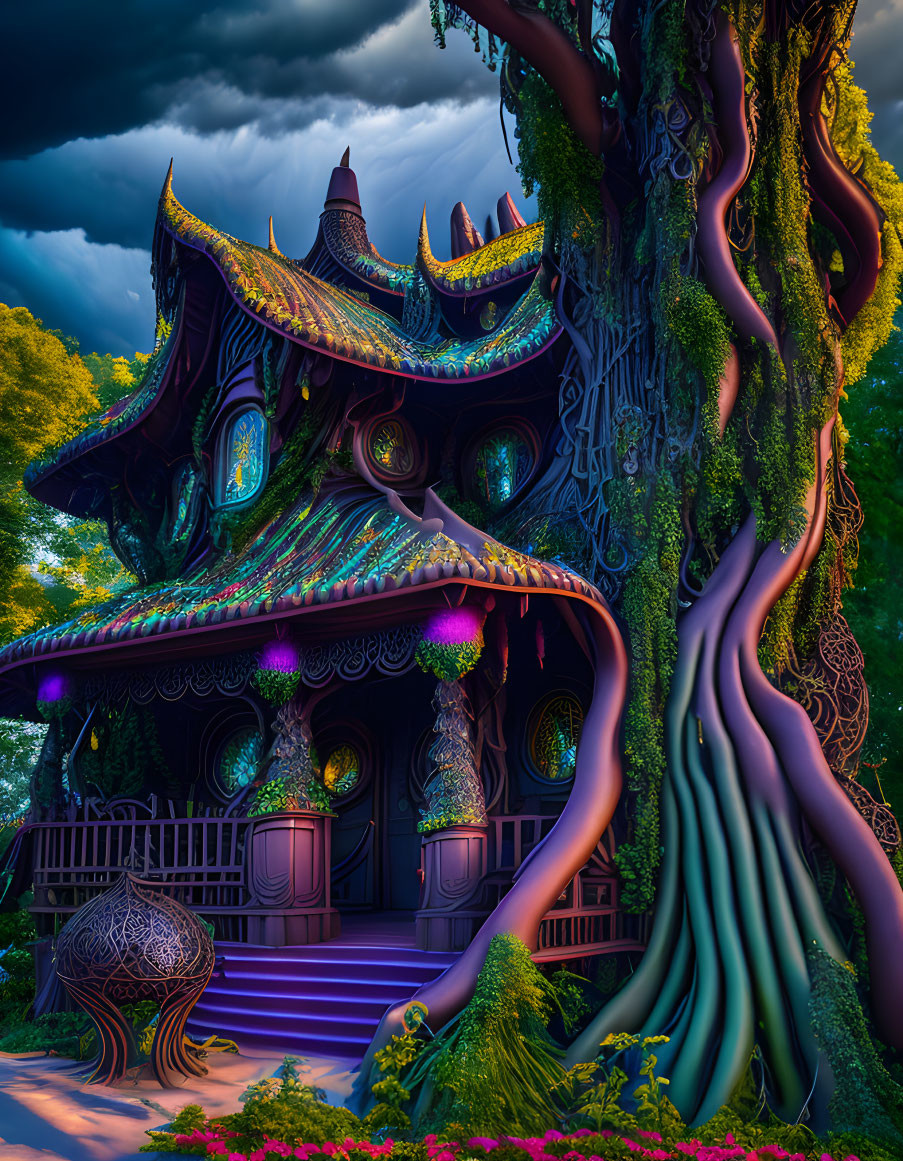 Vibrant mystical treehouse in magical forest