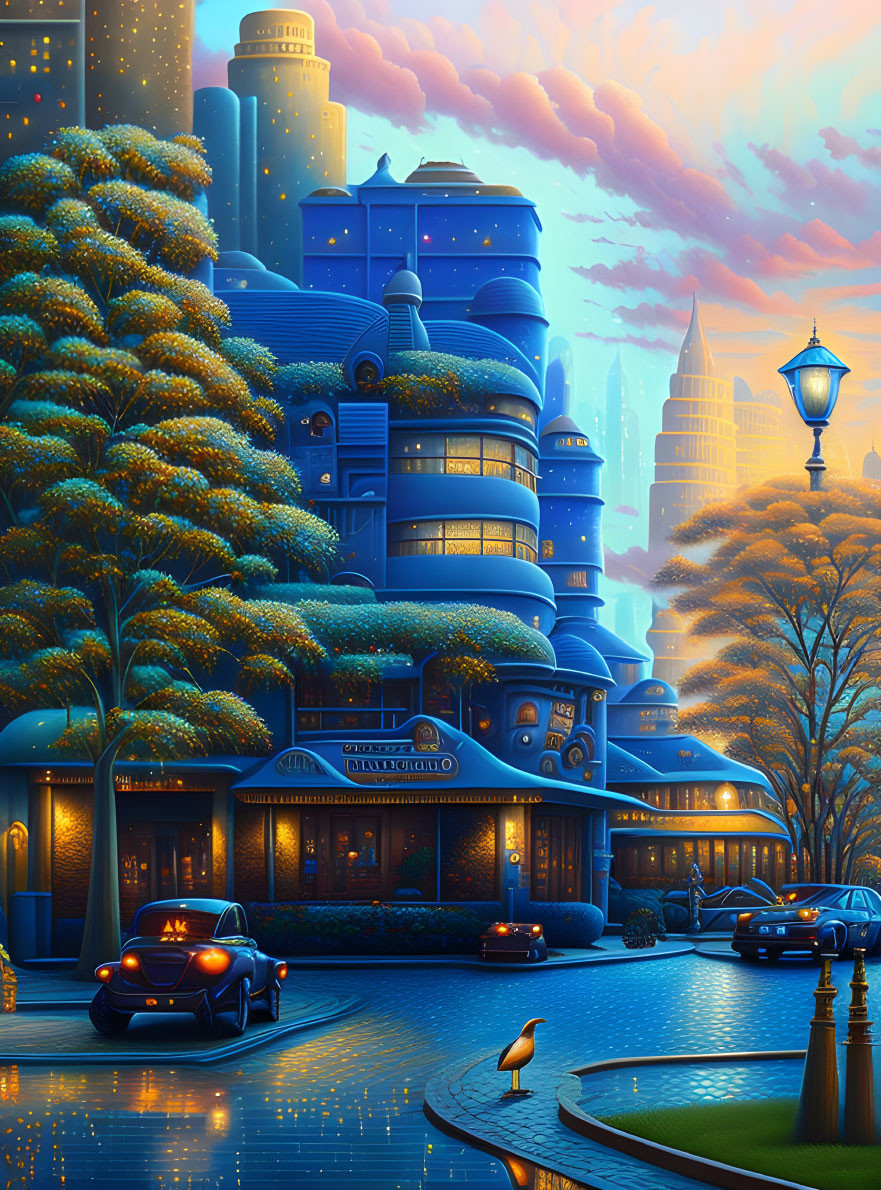 Digital Artwork: Elegant Futuristic Hotel at Dusk with Glowing Windows