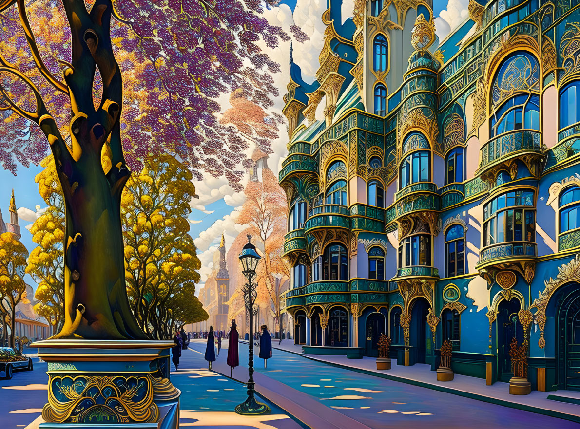 Vibrant cityscape with ornate buildings and blooming trees