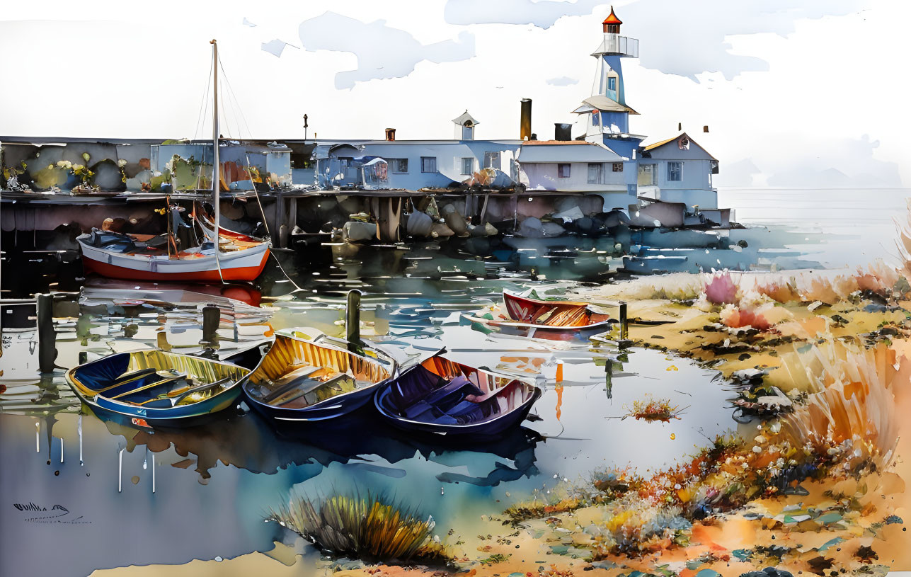 Colorful Watercolor Scene: Rowboats, Dock, Lighthouse, Calm Waters