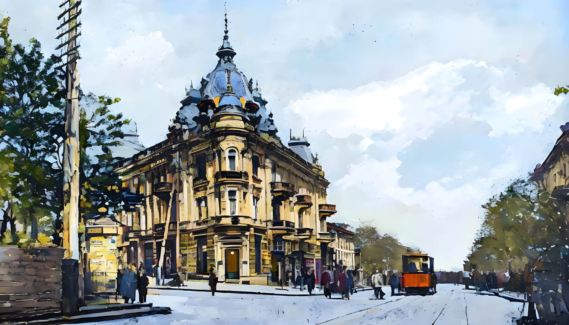 Vintage tram and ornate building in bustling street scene