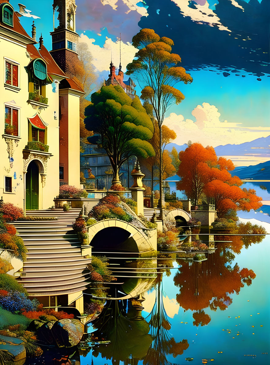 Surreal European-style building by calm lake with autumn reflections