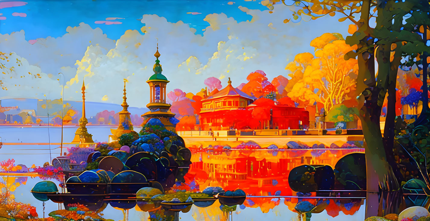 Colorful autumn lakeside view with ornate buildings and spires