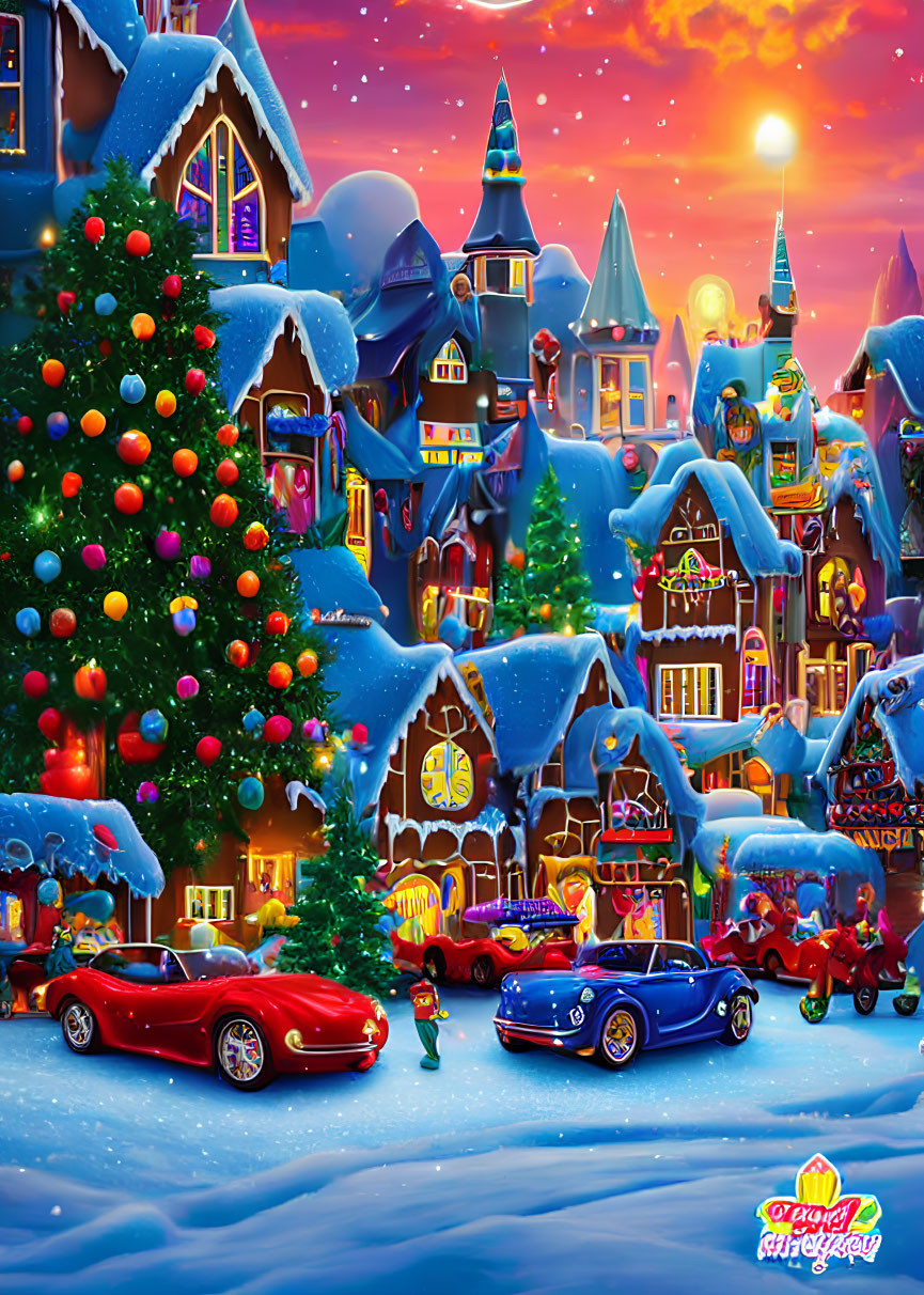 Colorful Houses, Christmas Tree, Snowy Street, Sports Cars: Festive Winter Scene