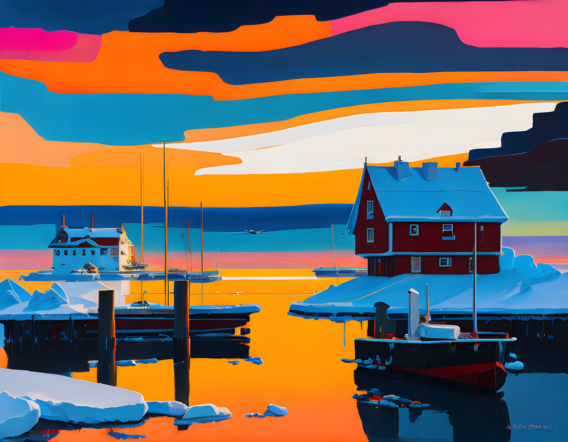 Vibrant maritime scene with colorful boats near red house