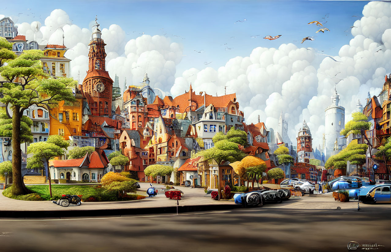 Eclectic architecture and vintage cars in vibrant cityscape