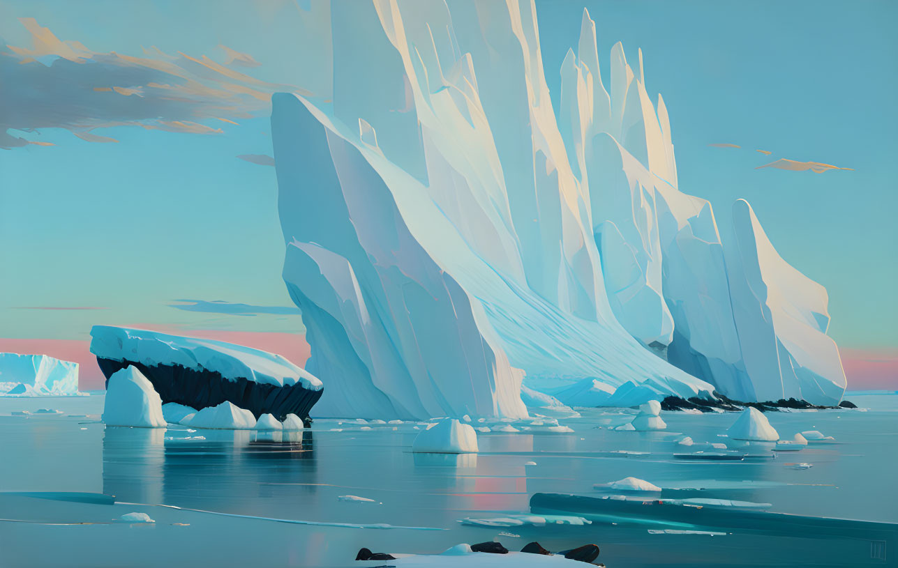 Majestic icebergs in serene arctic landscape at dawn or dusk