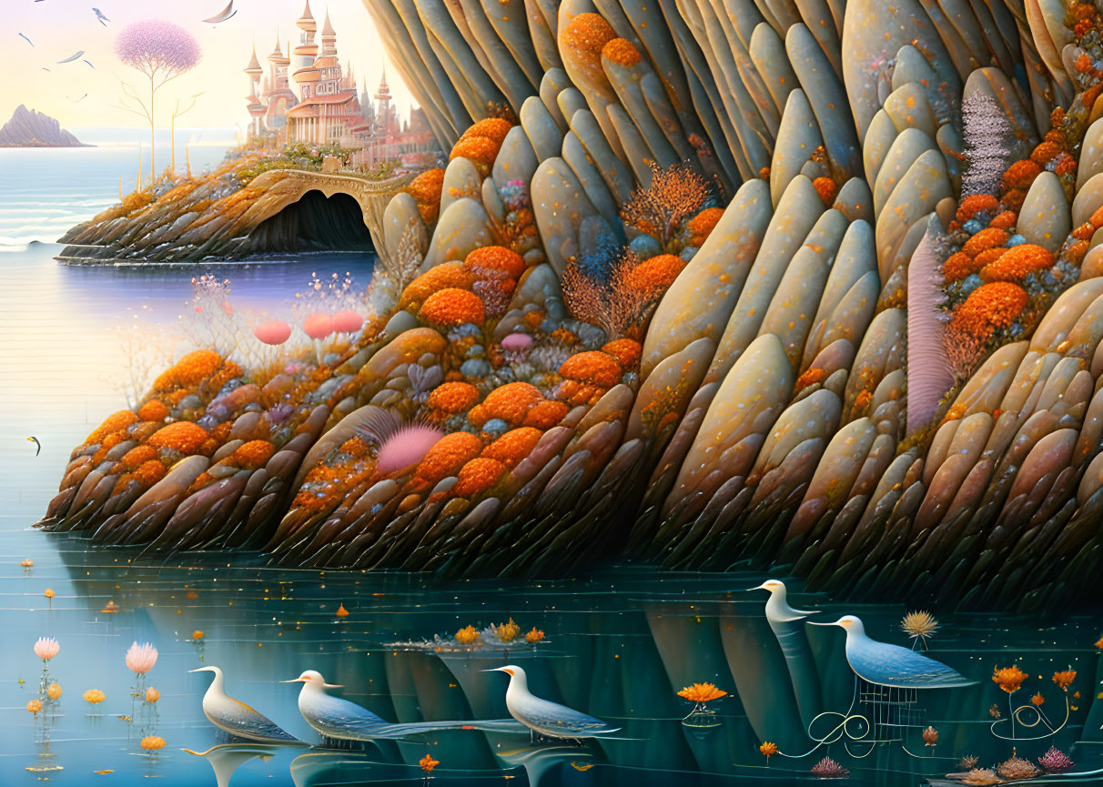 Colorful Trees, Castle, Seagulls, Lily Pads in Fantasy Landscape