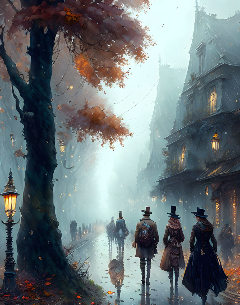 Victorian attired group on foggy, lamp-lit street by old house & autumn trees