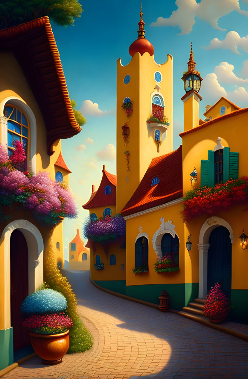 Colorful Street with Charming Architecture and Bright Flowers