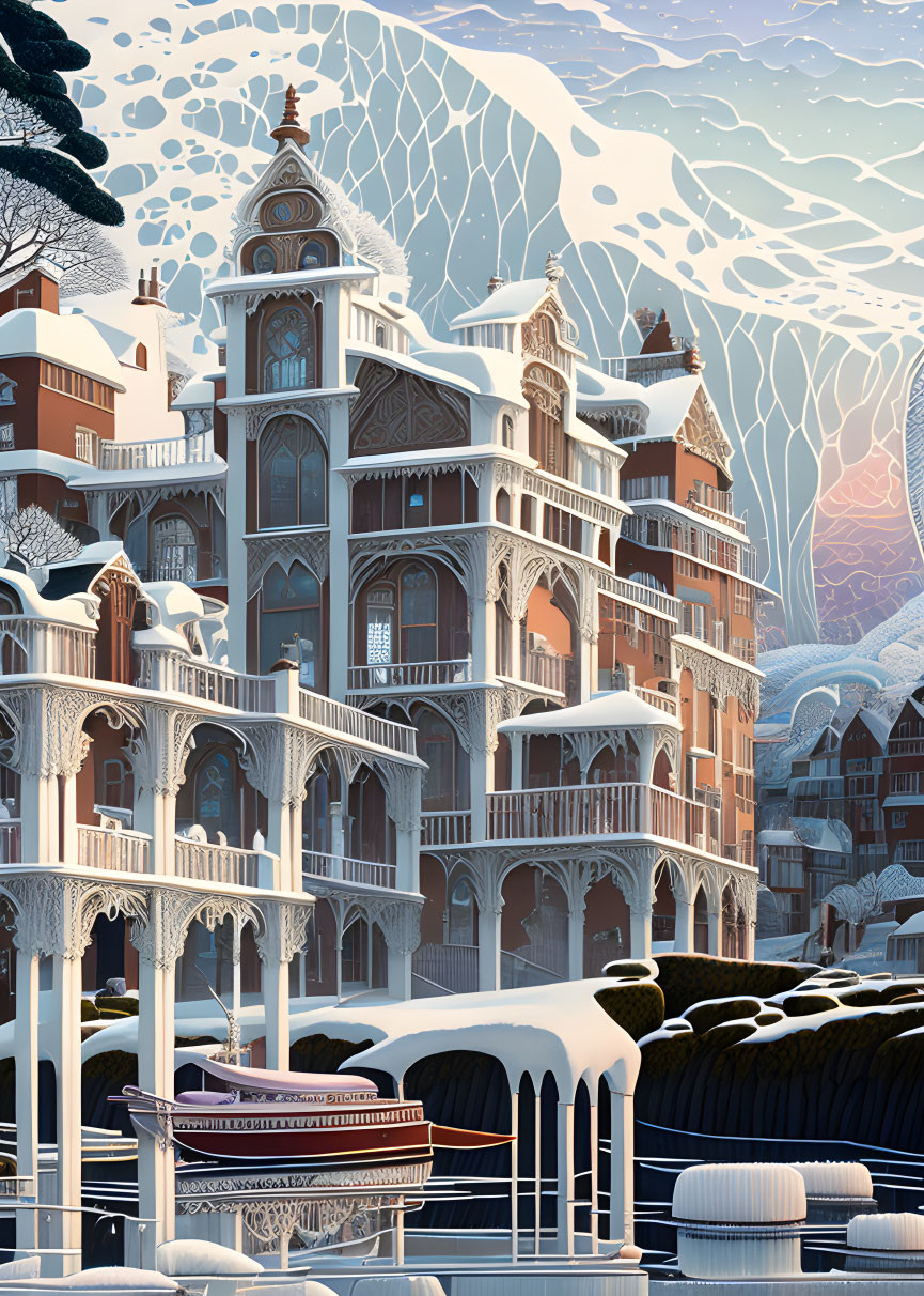 Detailed illustration of multilayered building in snowy landscape