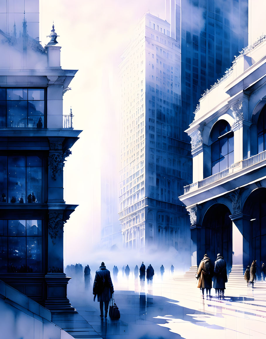 Blue Monochromatic Cityscape with Silhouettes Walking Through Mist-filled Streets