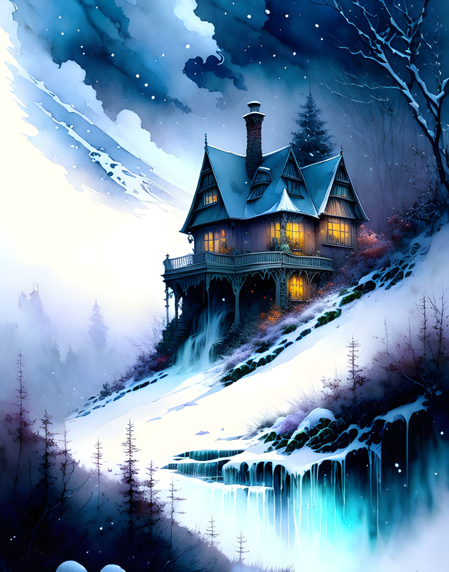 Victorian house on snow-covered waterfall at twilight