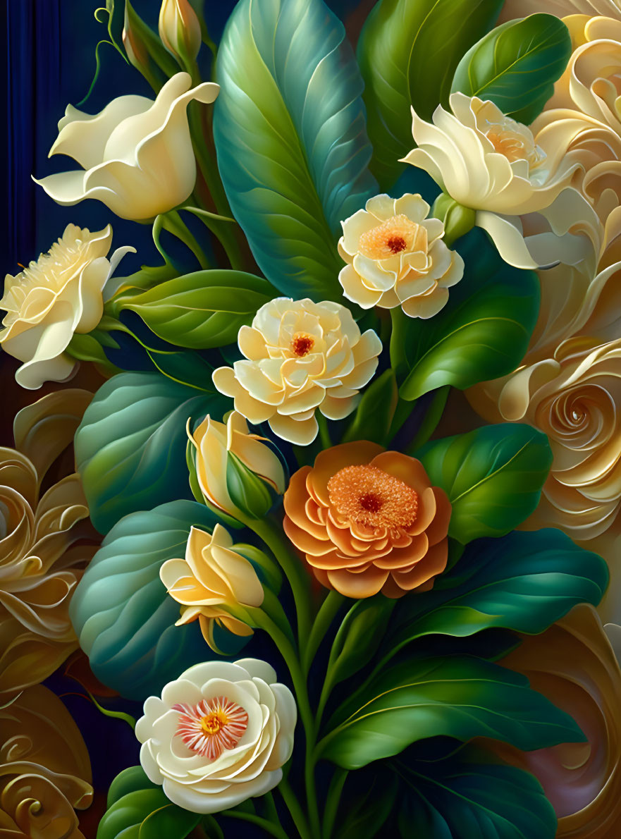 Colorful digital artwork of white, cream, and orange flowers on a dark background