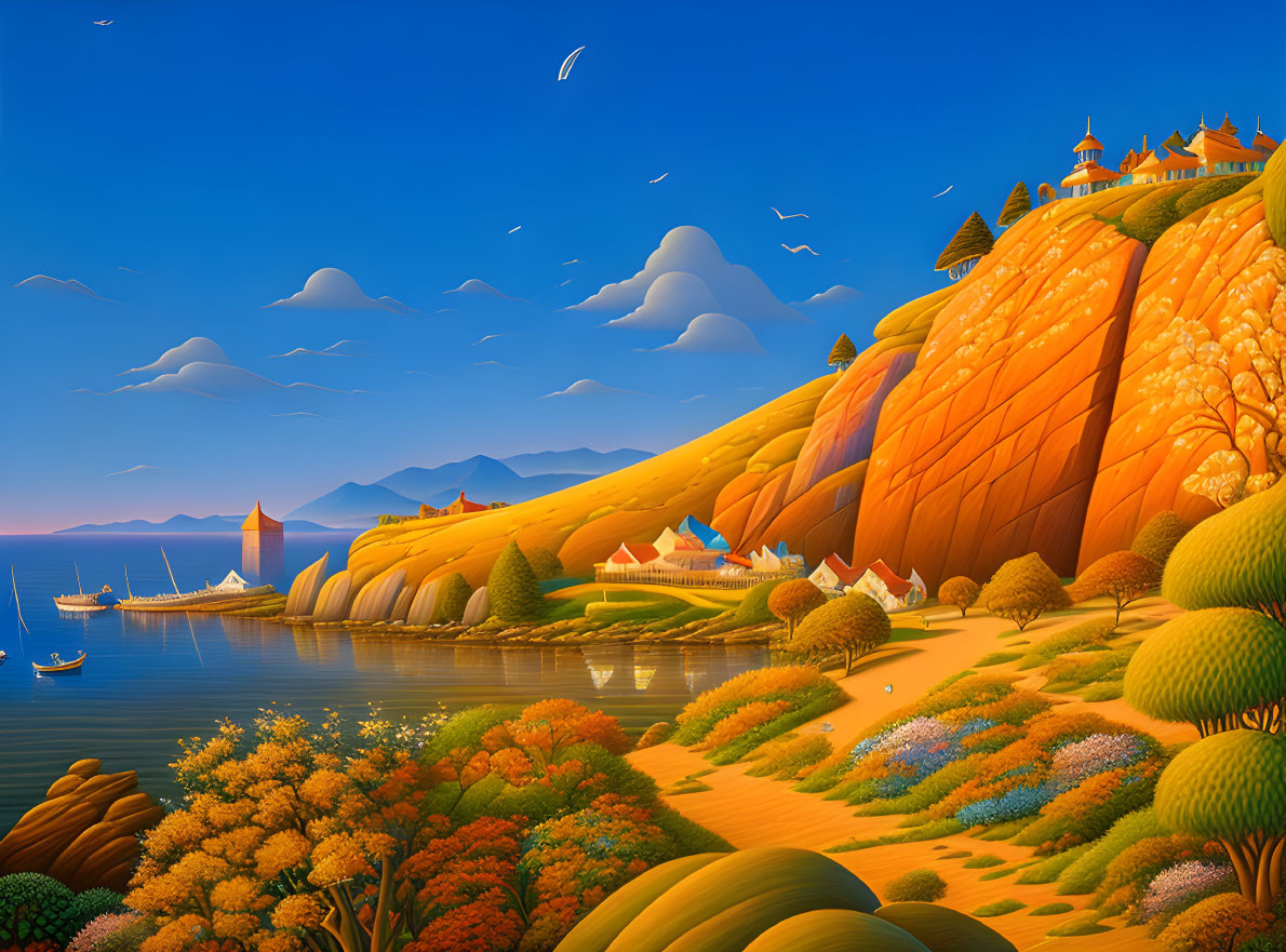 Colorful animated autumnal cliff-side palace overlooking serene bay with boats and flora under blue sky.