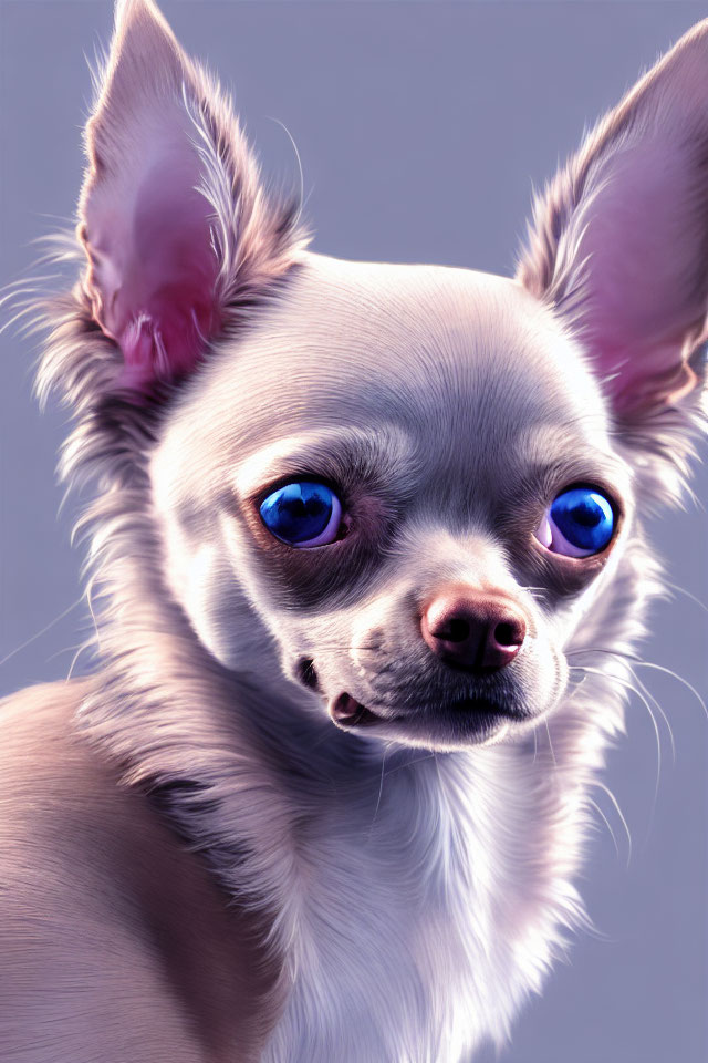 Close-up of Chihuahua with large blue eyes and prominent ears on purple background