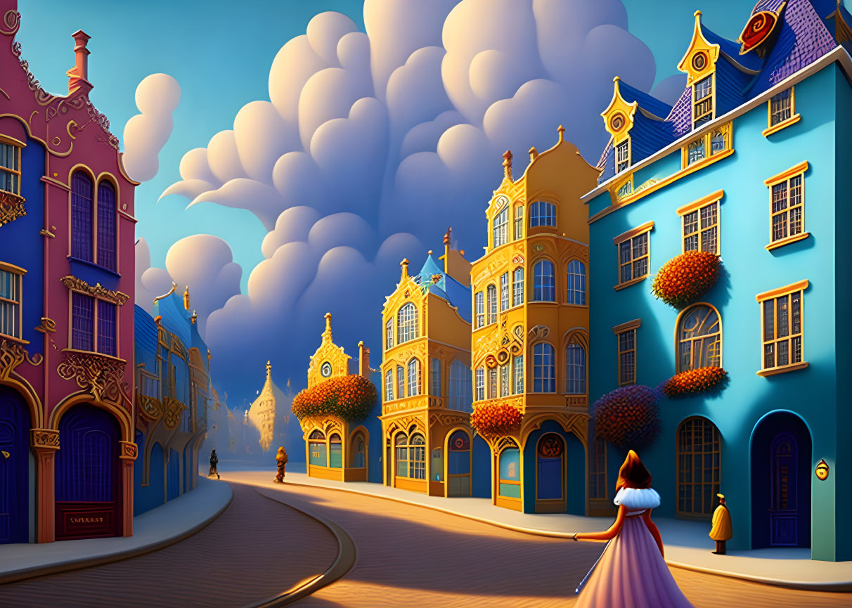 Colorful street scene with ornate buildings, woman in purple dress, fluffy clouds.