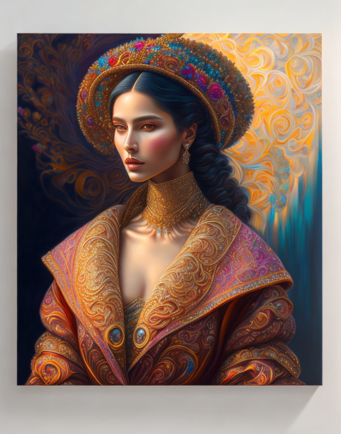 Regal woman in ornate attire with halo and golden robe on swirling background