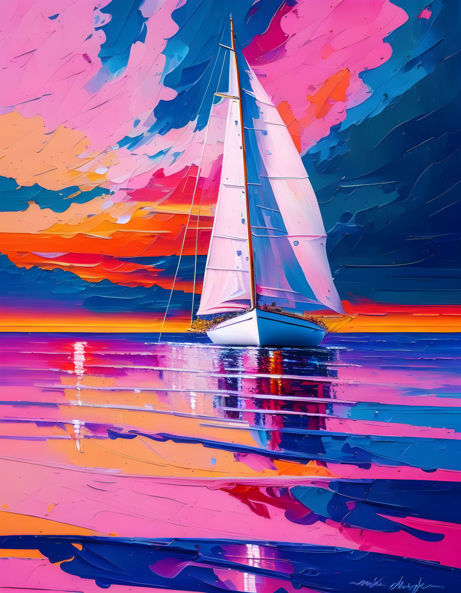 Colorful abstract digital art: Sailboat on vibrant sunset sea