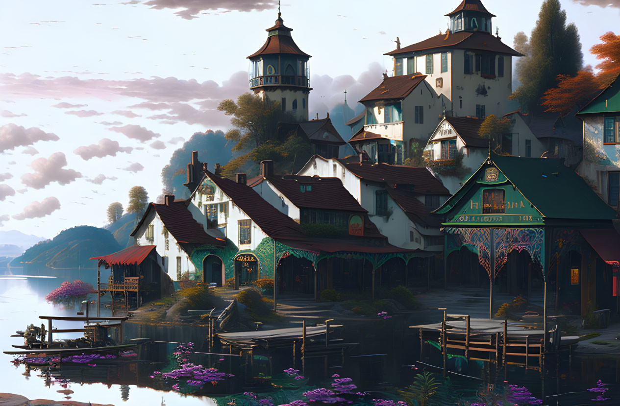 Tranquil lakeside village with charming houses and colorful floral arrangements