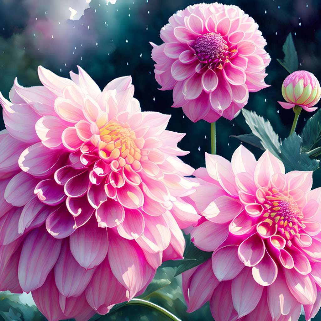 Detailed Pink Dahlias on Dark Background with Bokeh Lights