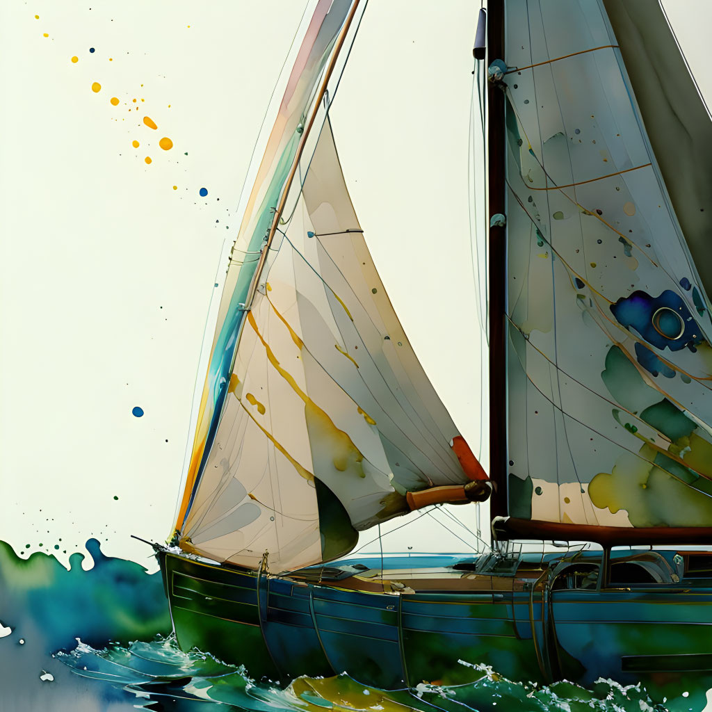 Colorful Sailboat Artwork with Dynamic Wave Effects