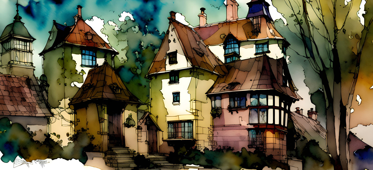 Colorful watercolor painting of unique houses with steep roofs and turrets in a forest setting