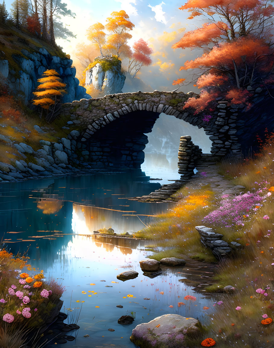 Stone arch bridge over river with autumn trees, waterfall, and vibrant flowers