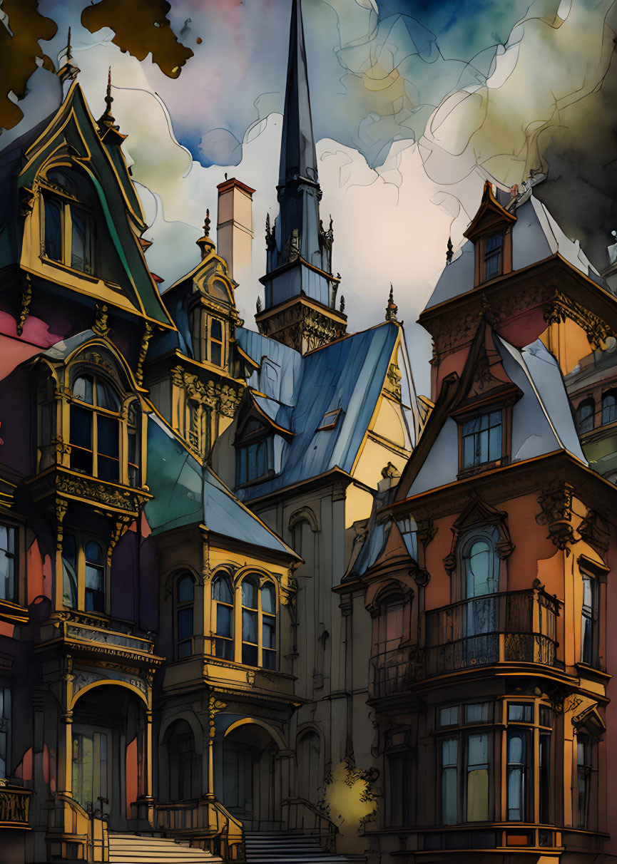 Fantasy Gothic Buildings with Pointed Roofs & Colorful Facades