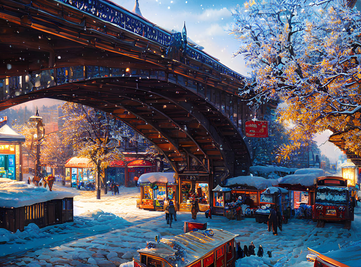 Winter cityscape with snow-covered stalls, tram, and ornate bridge.