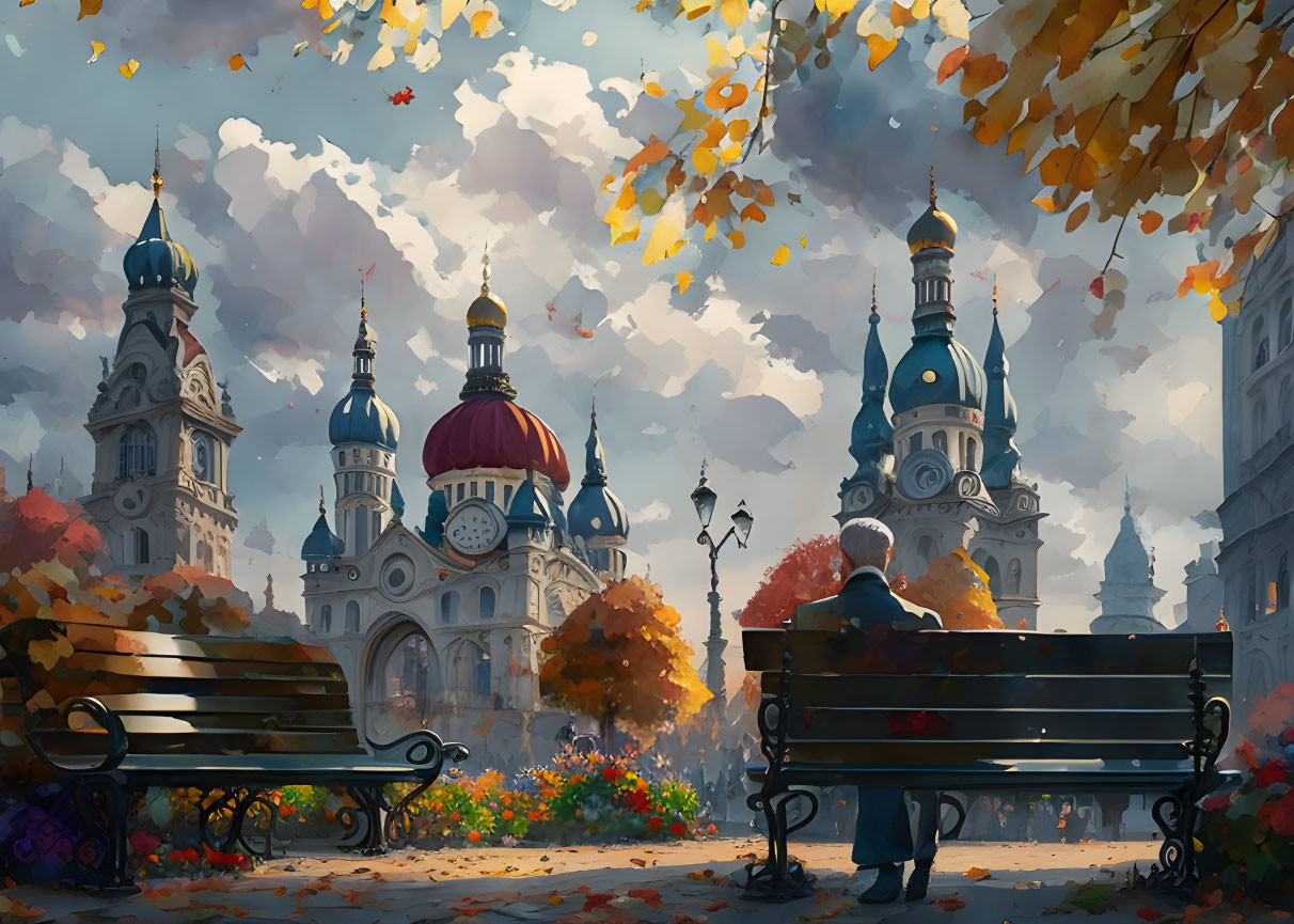 Person sitting on park bench enjoying city architecture in autumn.