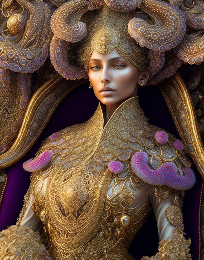 Elaborate Female Figure in Golden Headgear and Armor on Purple Background