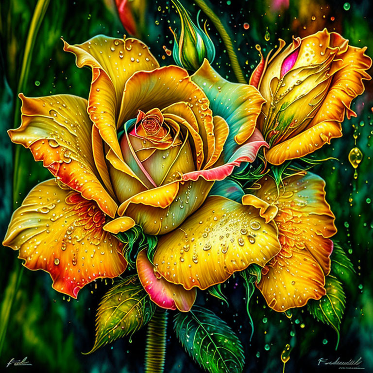 Colorful digital artwork featuring two yellow roses with red-tipped petals against a dark, leafy backdrop