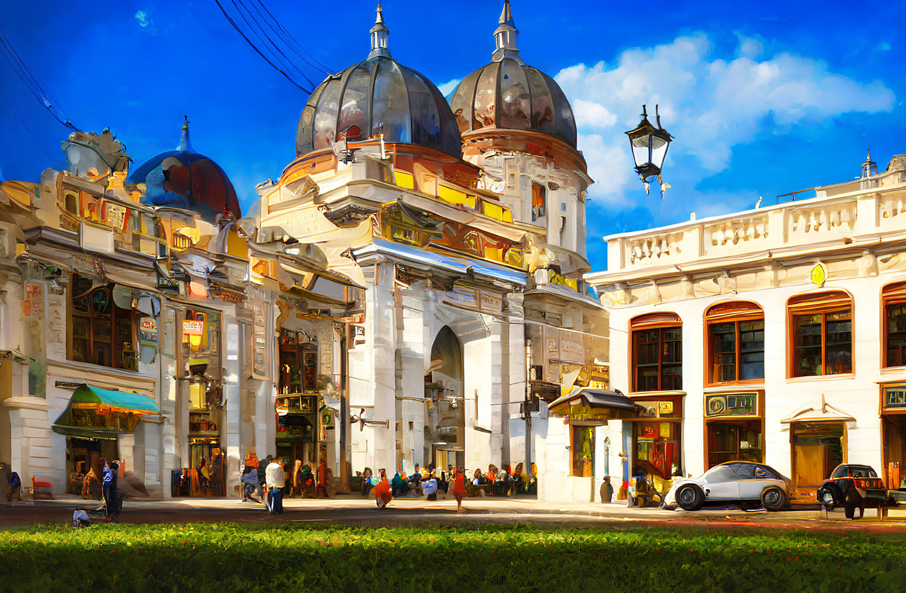 Busy street with ornate buildings, classic car, and blue sky