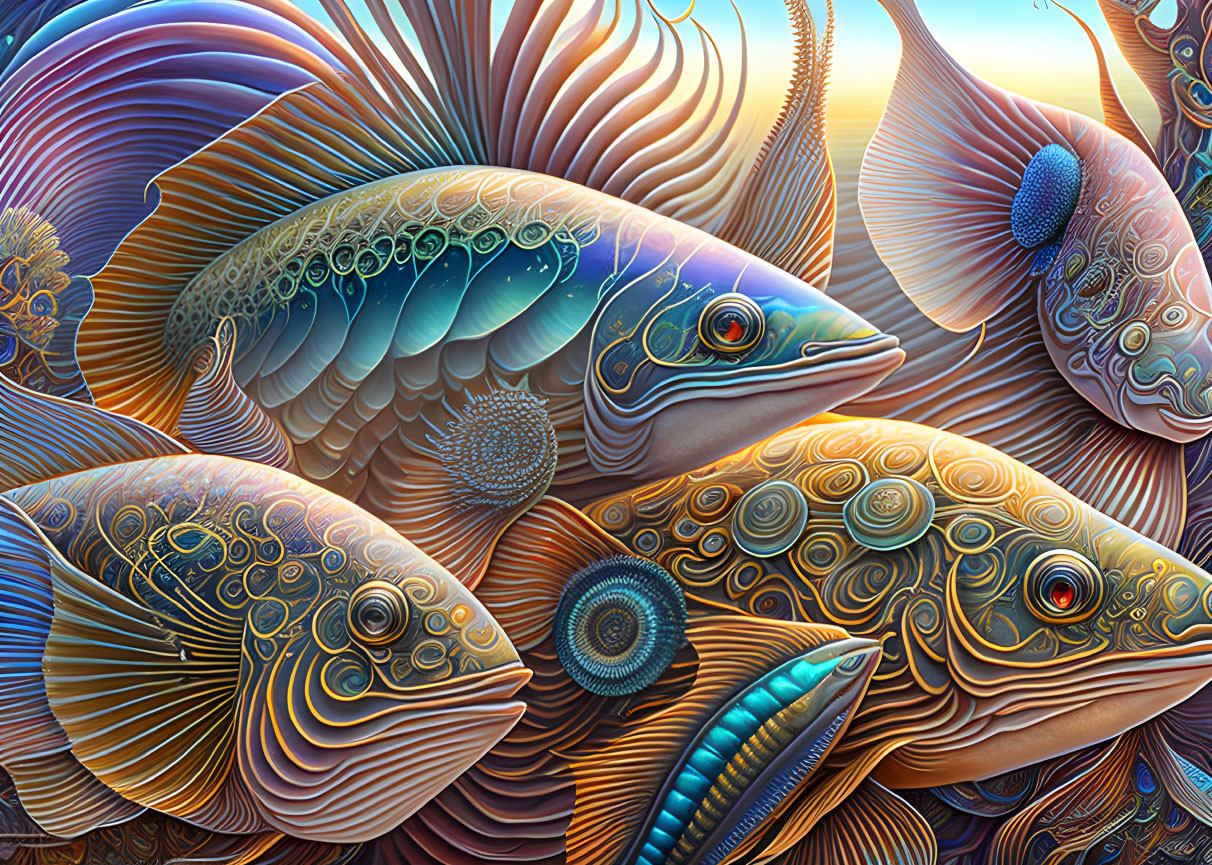 Colorful Fish Illustration with Intricate Patterns and Marine Flora Background