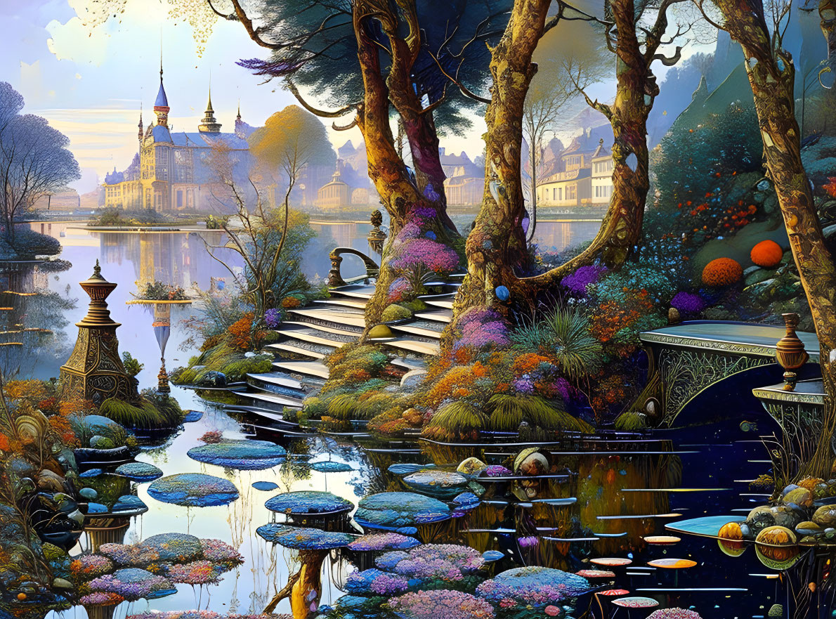 Colorful fairy tale landscape with castle, gardens, lake, bridges, and twilight sky