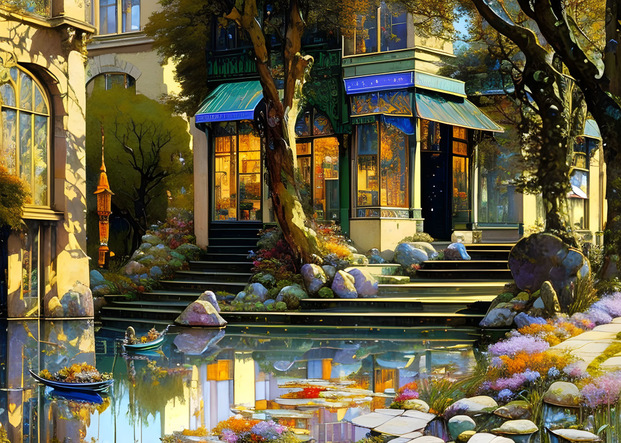 Tranquil pond bookstore scene at sunset