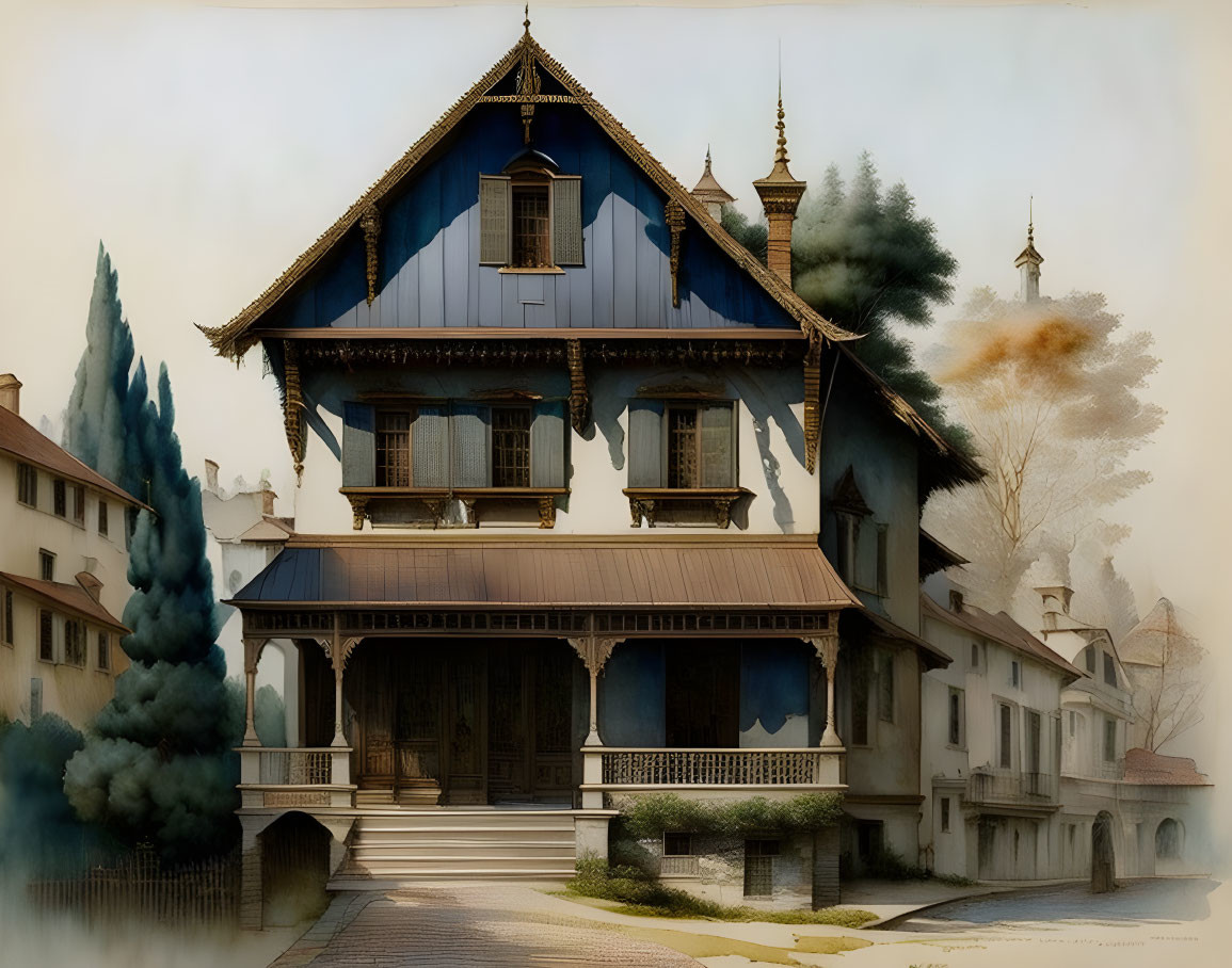 Blue two-story wooden house in foggy setting among buildings and trees